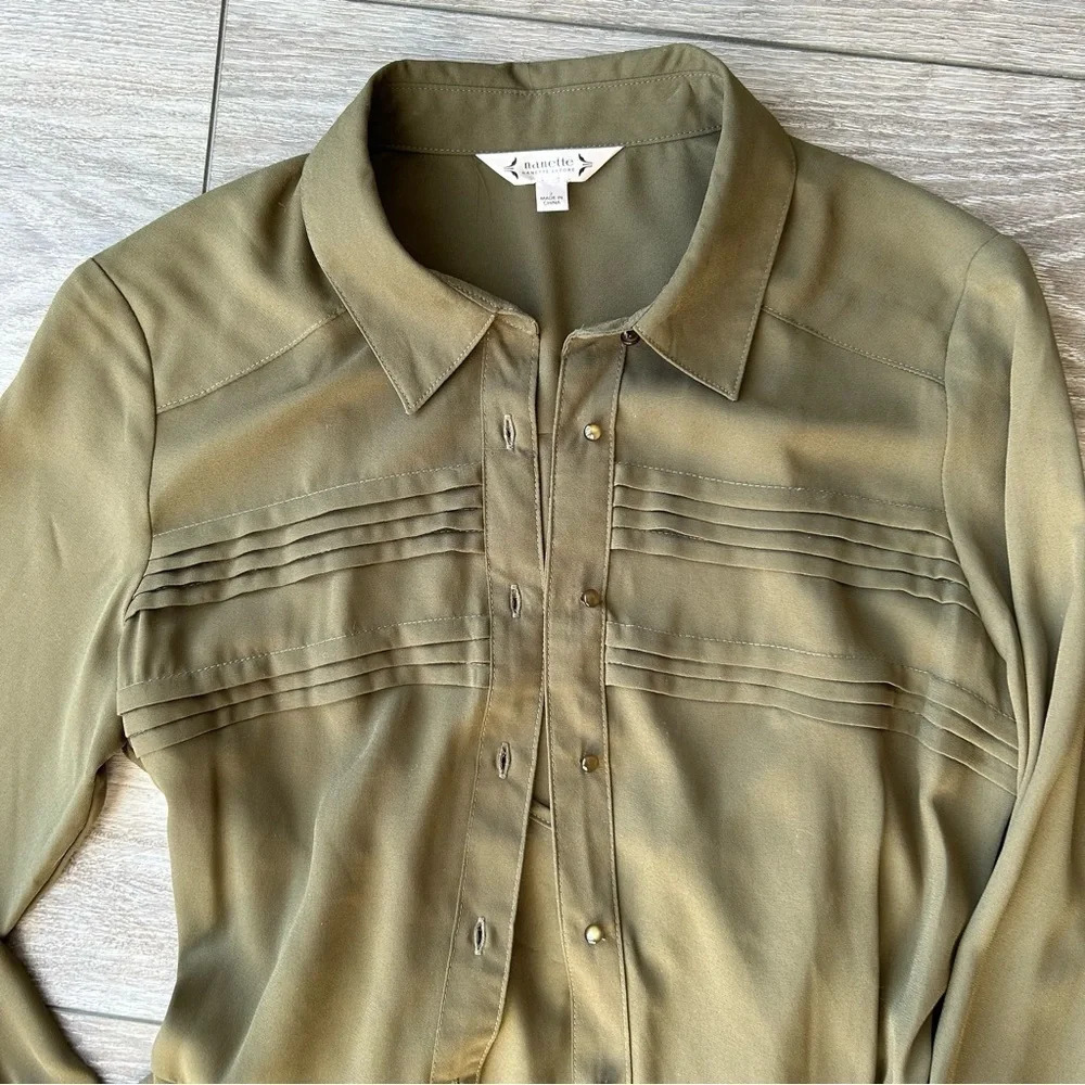 Nanette Lepore Military Green Button Down Midi Shirtdress with Slips - Picture 5 of 16